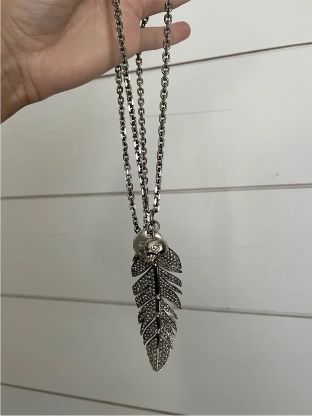 Alexander McQueen Antique Silver Pave Crystal Feather Necklace